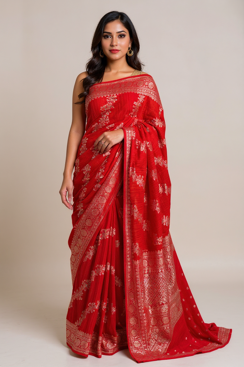 Graceful Red Georgette Saree with Intricate Woven Border