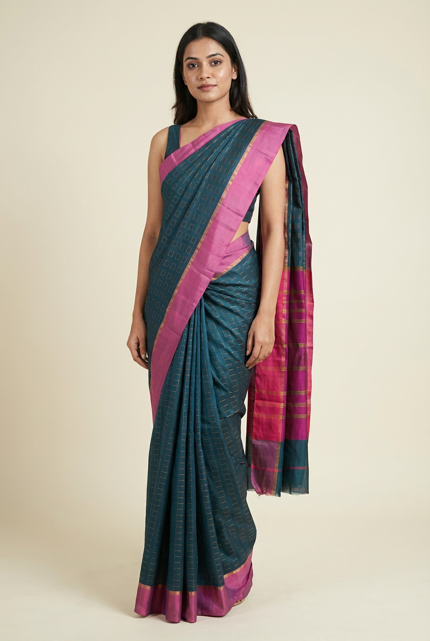 Elegant Soft Silk Saree in Peacock Green & Pink Border