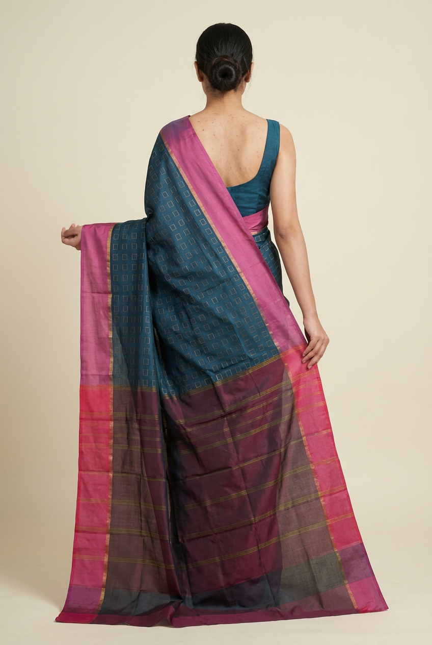 Elegant Soft Silk Saree in Peacock Green & Pink Border