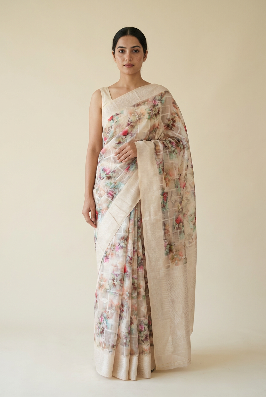 Cream Soft Silk Saree with Digital Prints – Festive Elegance by Silk Studio