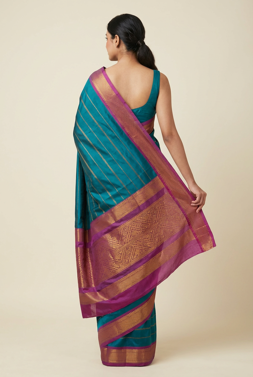 Peacock Blue Soft Silk Saree with Purple Border – Festive Elegance by Silk Studio