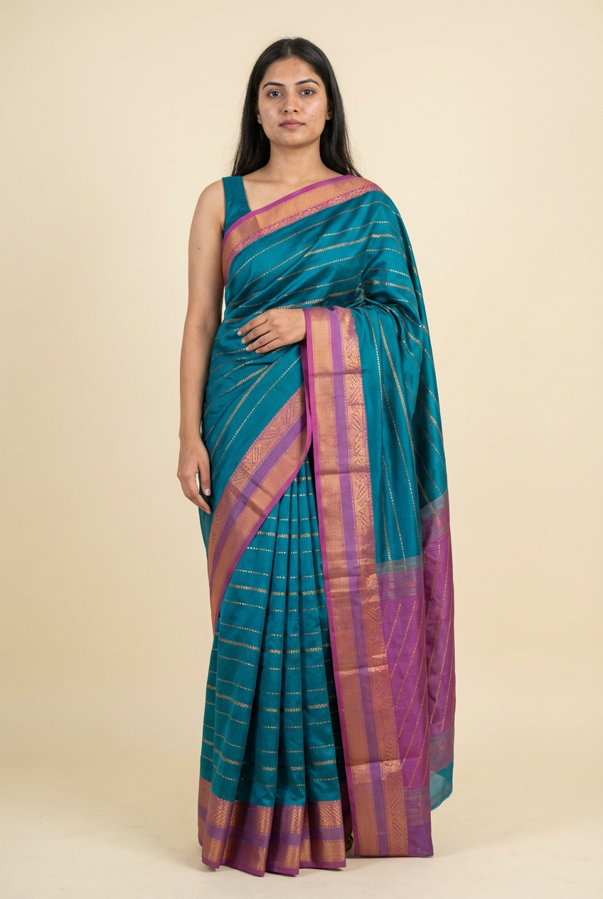 Peacock Blue Soft Silk Saree with Purple Border – Festive Elegance by Silk Studio