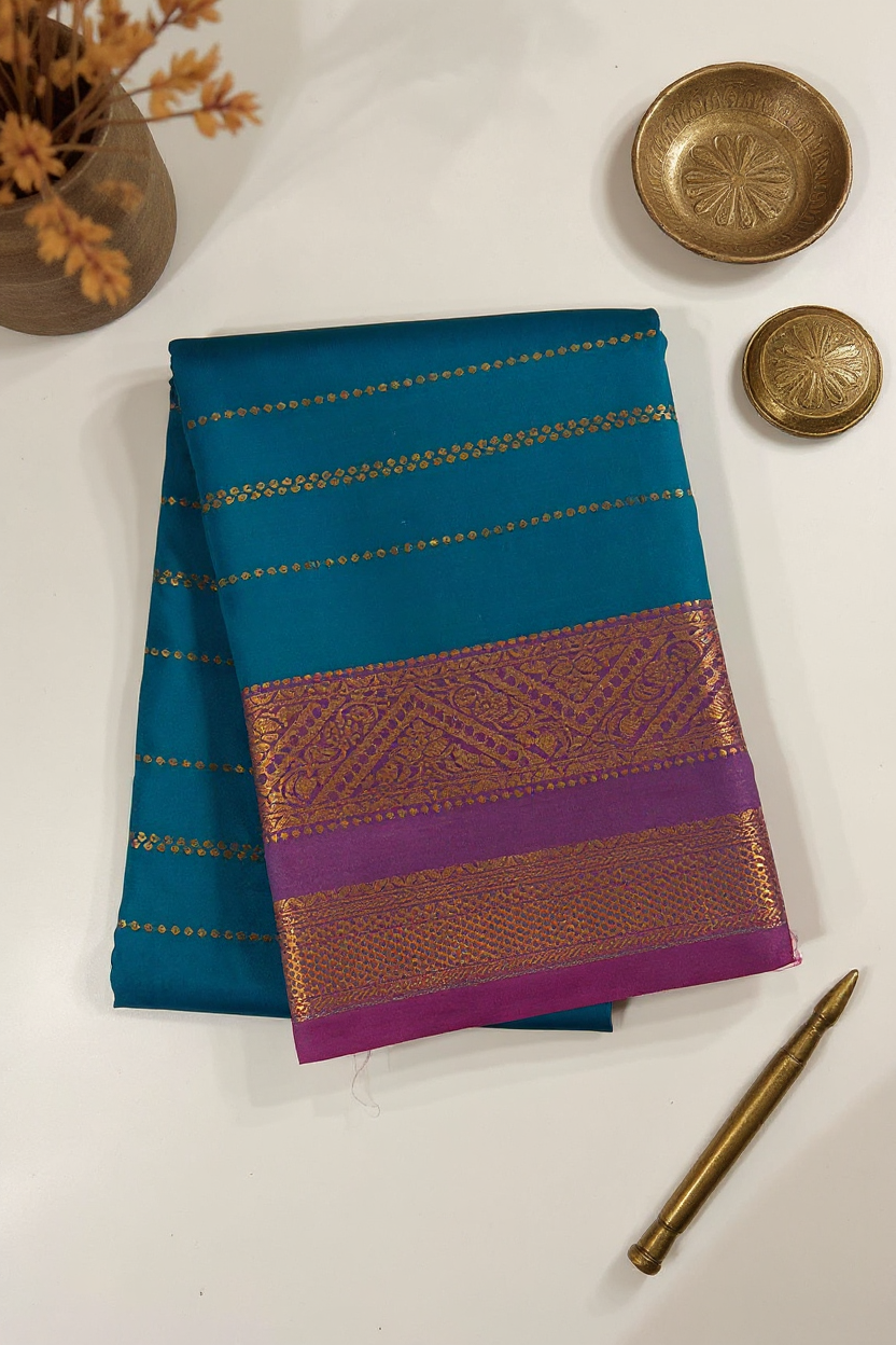 Peacock Blue Soft Silk Saree with Purple Border – Festive Elegance by Silk Studio