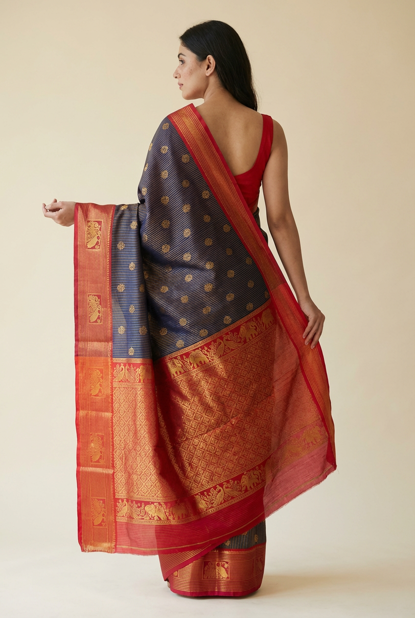 Silk Studio Navy Blue Soft Silk Saree with Striking Red Border.