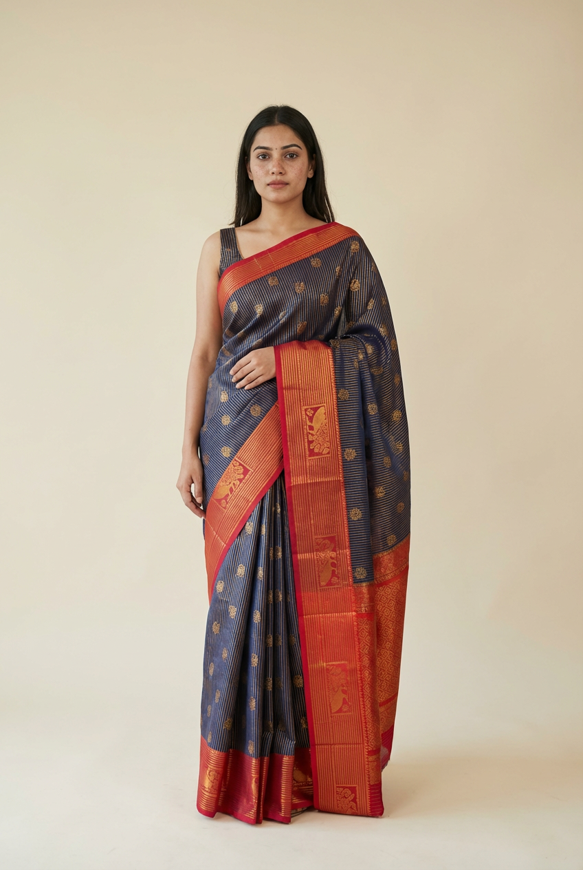 Silk Studio Navy Blue Soft Silk Saree with Striking Red Border.