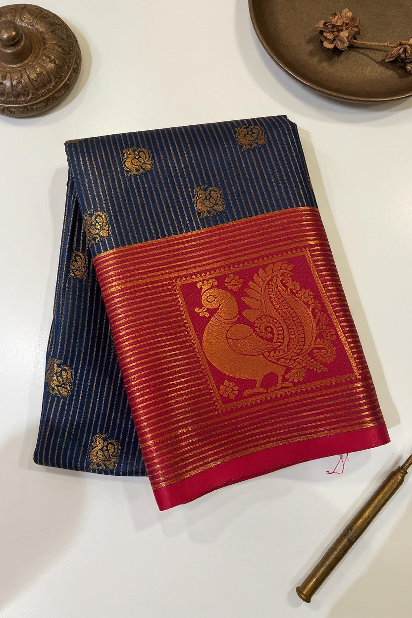 Silk Studio Navy Blue Soft Silk Saree with Striking Red Border.