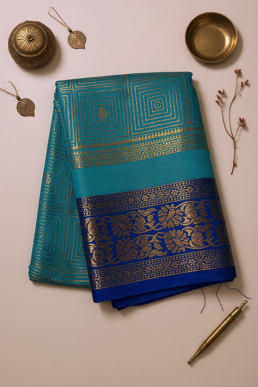 Sky Blue Soft Silk Saree with Peacock Blue Border – Festive Elegance by Silk Studio