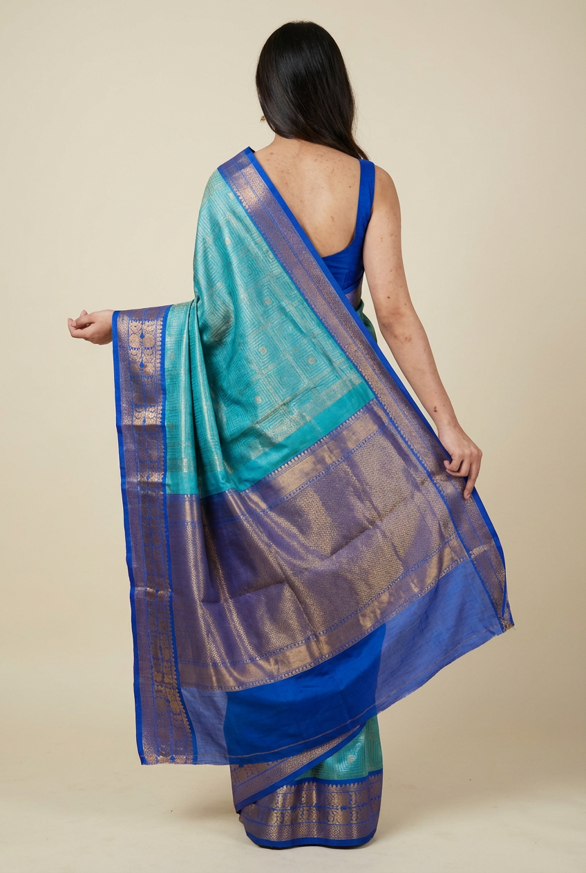 Sky Blue Soft Silk Saree with Peacock Blue Border – Festive Elegance by Silk Studio