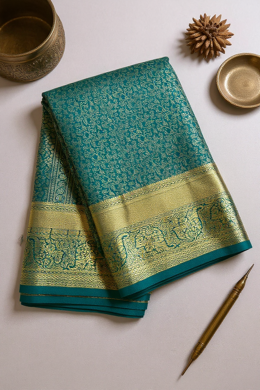 Elegant Peacock Green Tissue Saree with Rich Gold Border