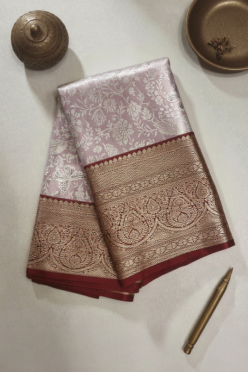 Elegant Baby Pink Tissue Saree with Maroon Border