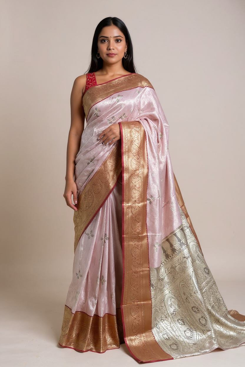 Elegant Baby Pink Tissue Saree with Maroon Border