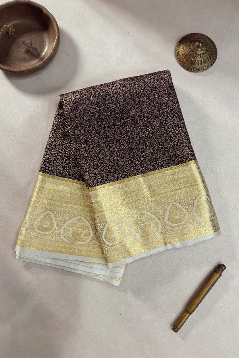 Classic Navy Blue Tissue Saree with Cream Border