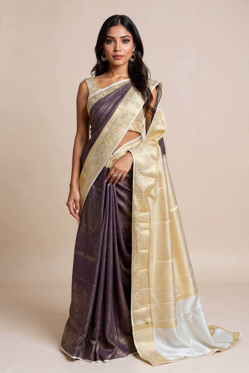 Classic Navy Blue Tissue Saree with Cream Border