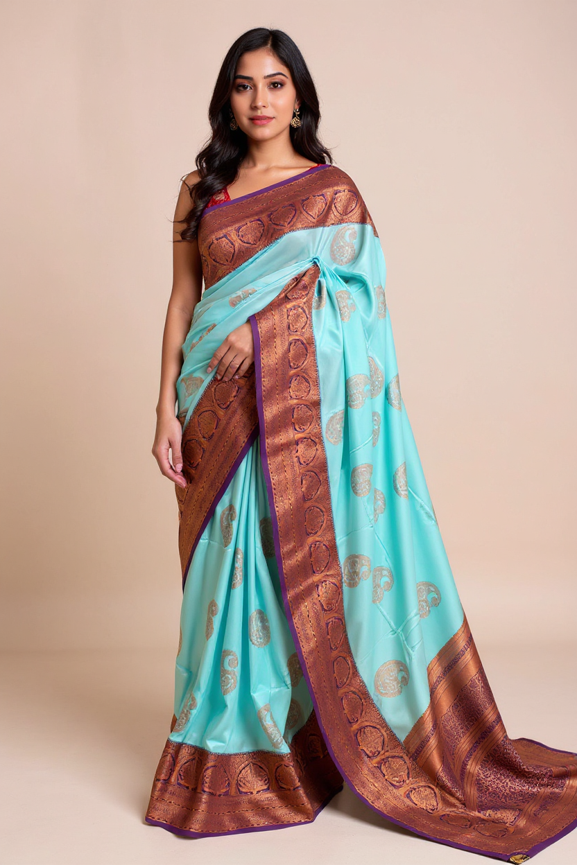 Graceful Sky Blue Tissue Saree with Purple Border