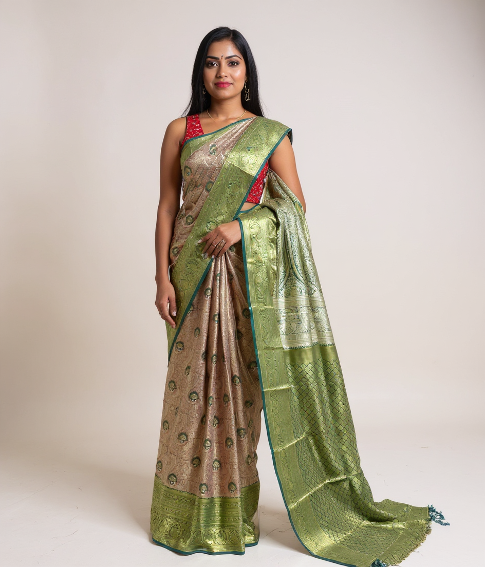 Elegant Gold Tissue Saree with Rich Green Border