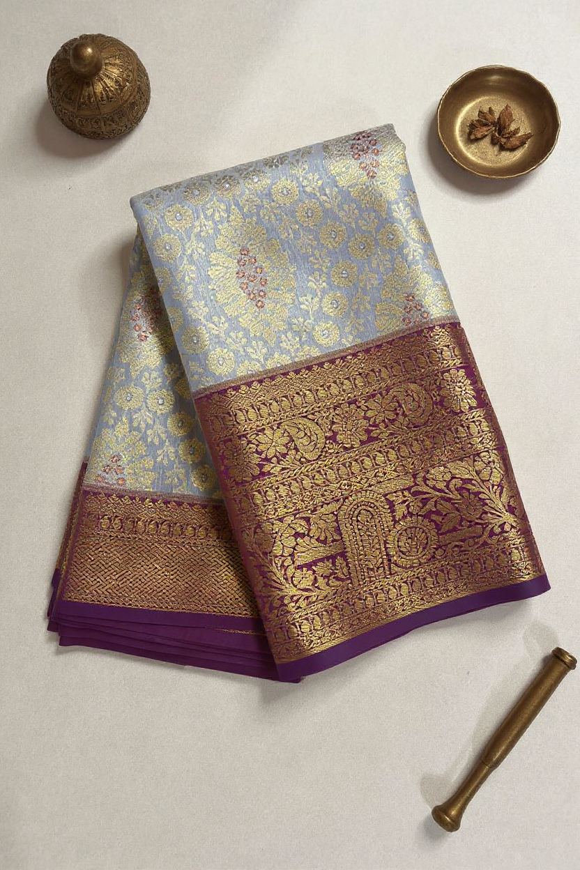 Elegant Light Sky Blue Tissue Saree with Purple Border