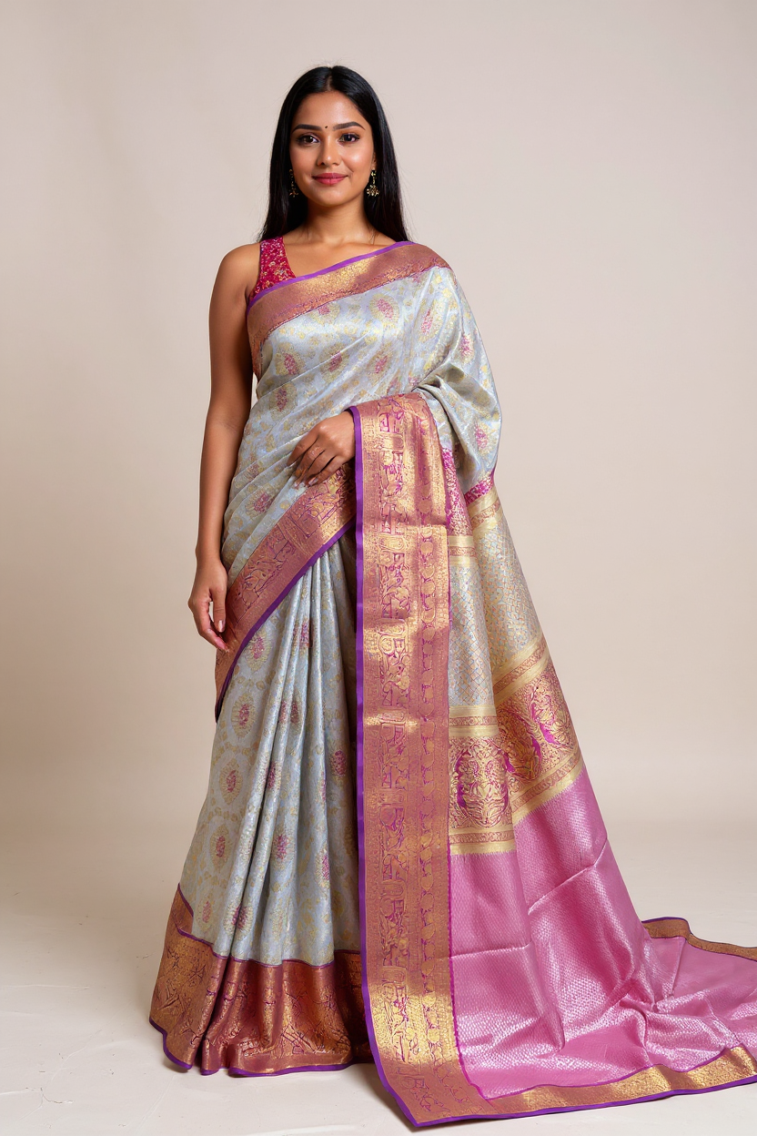 Elegant Light Sky Blue Tissue Saree with Purple Border
