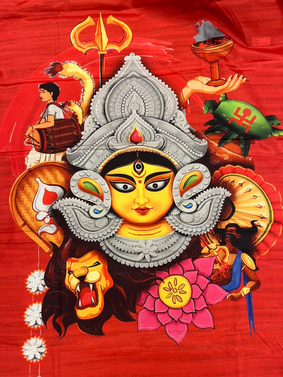 Cream and Red Printed Tissue Saree with Traditional Pallu