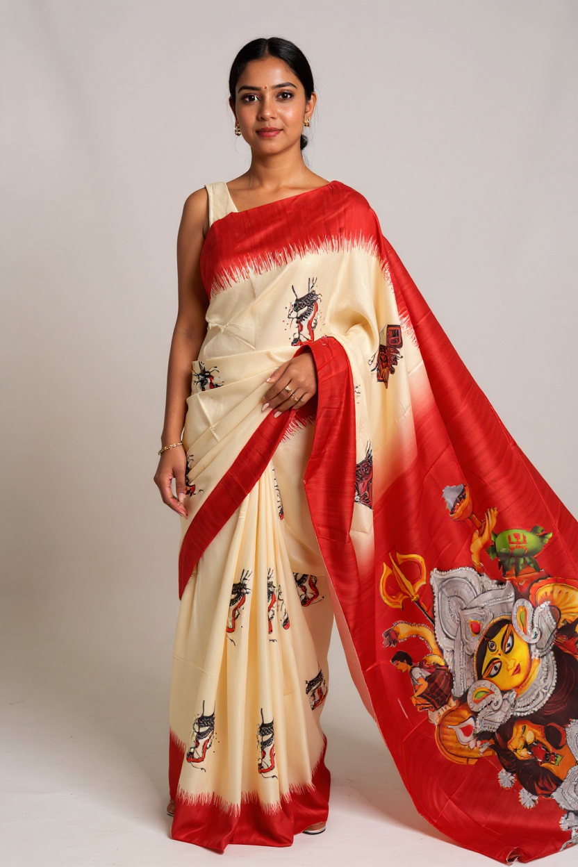 Cream and Red Printed Tissue Saree with Traditional Pallu
