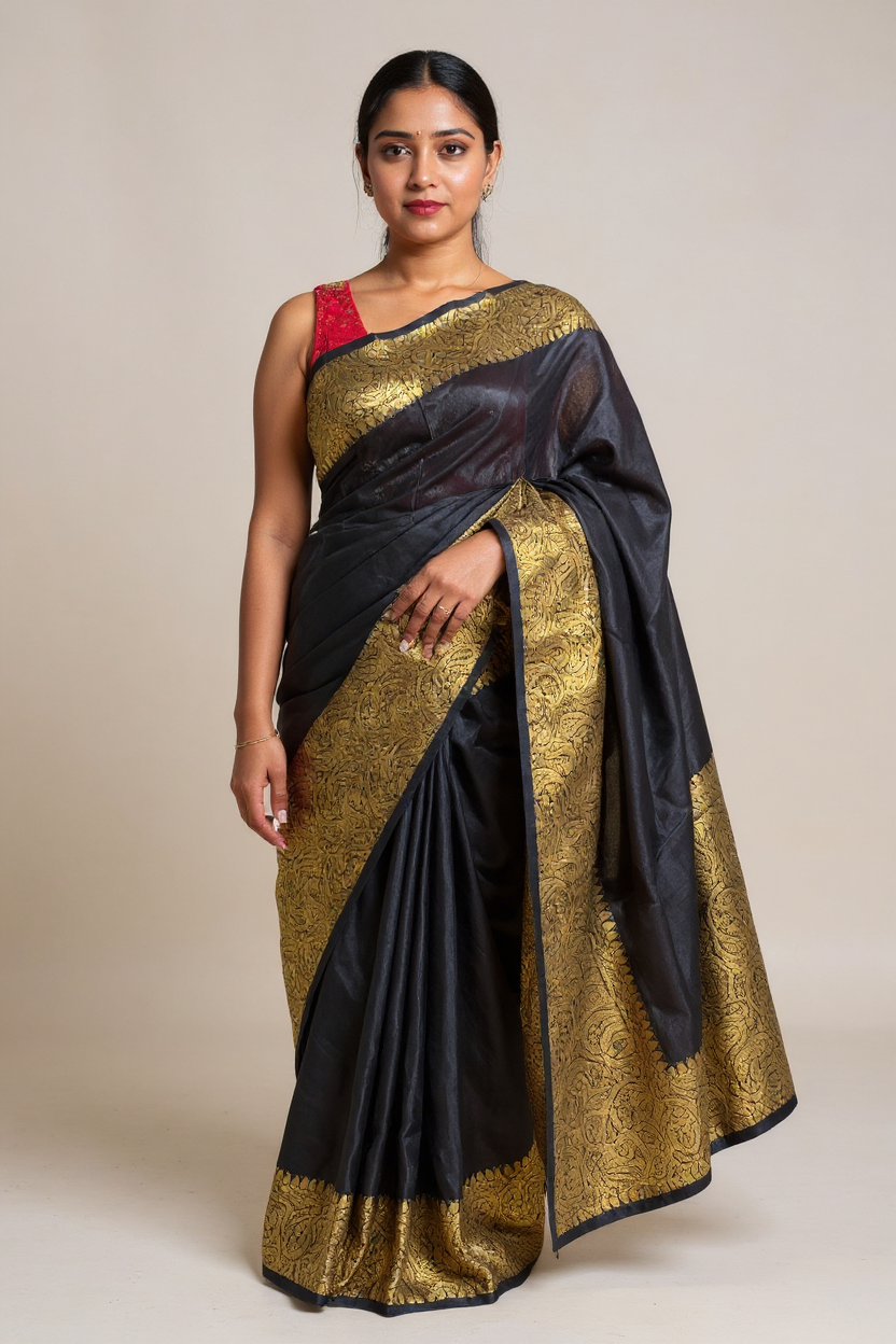 Black and Gold Woven Tissue Saree with Rich Traditional Border