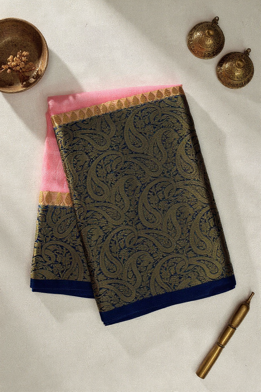 Peach Pink Tissue Saree with Rich Gold Woven Border