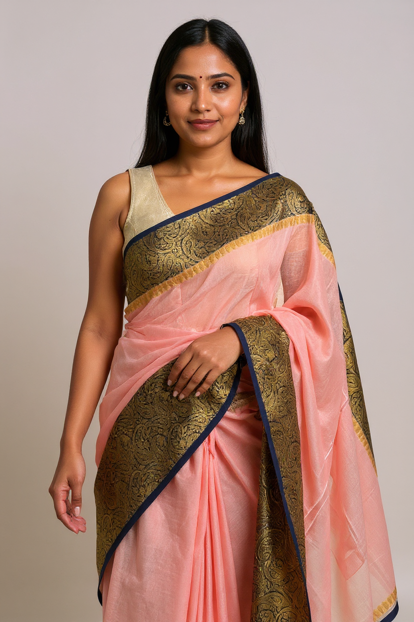 Peach Pink Tissue Saree with Rich Gold Woven Border