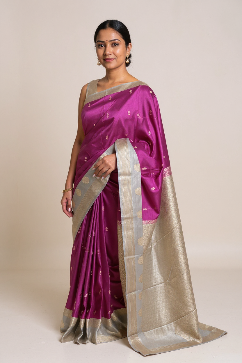 Purple Tissue Saree with Elegant Silver-Gold Woven Border