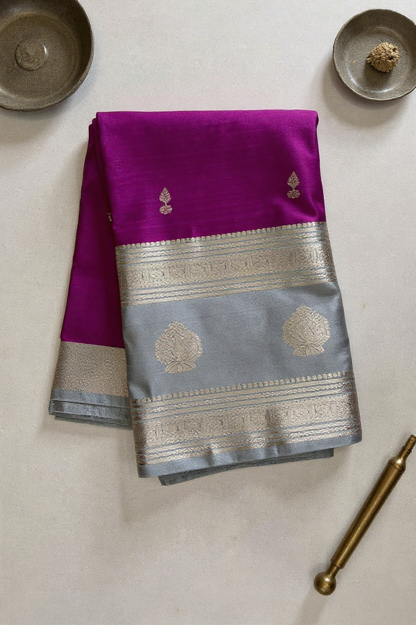 Purple Tissue Saree with Elegant Silver-Gold Woven Border