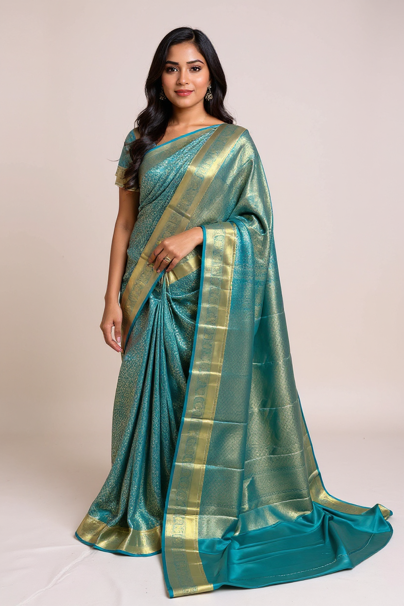 Elegant Peacock Green Tissue Saree with Rich Gold Border