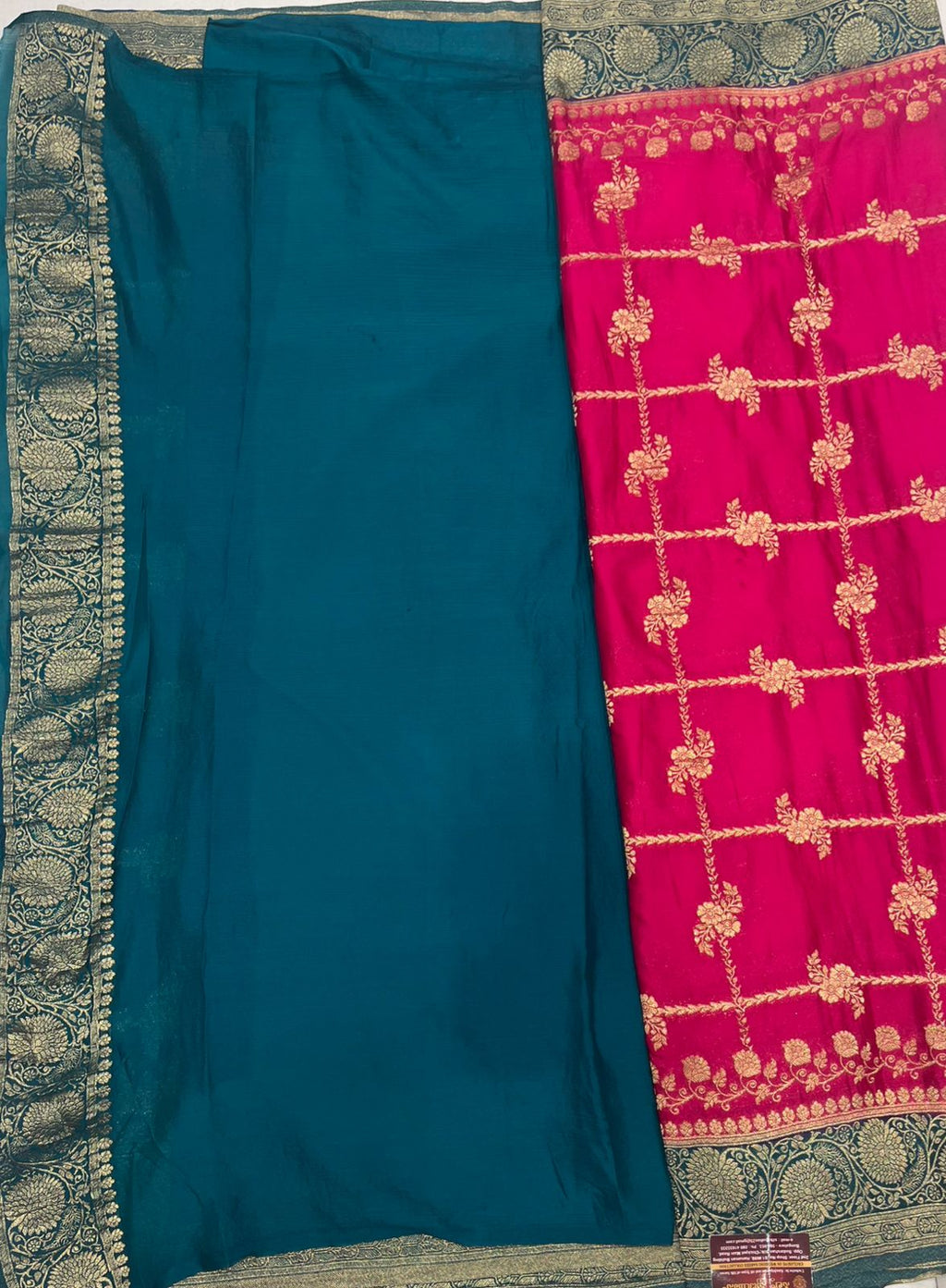 Elegant Rani Pink Tissue Saree with Rich Green Woven Border
