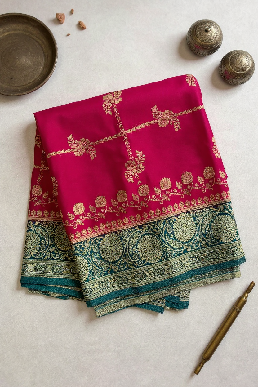 Elegant Rani Pink Tissue Saree with Rich Green Woven Border