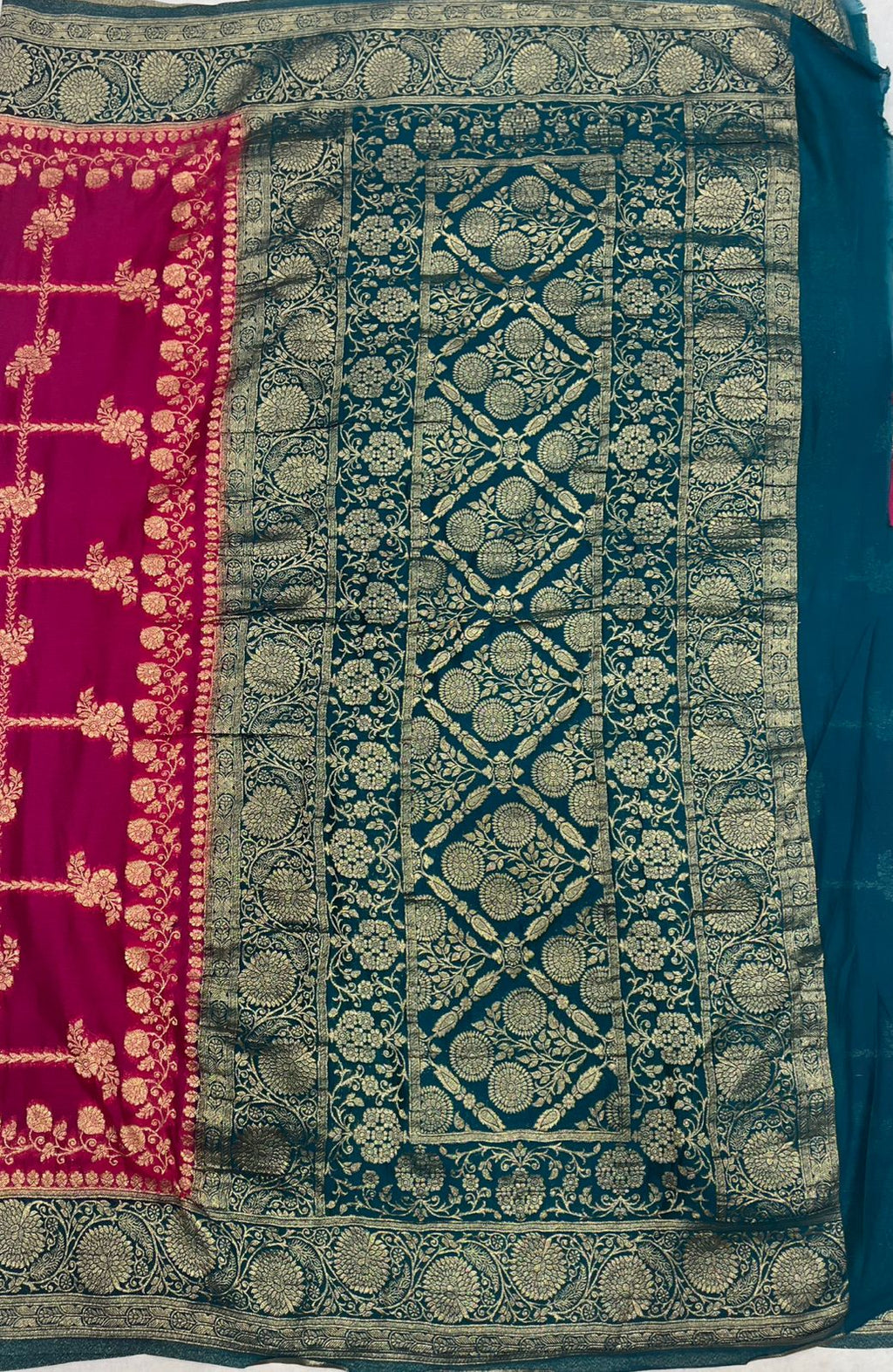 Elegant Rani Pink Tissue Saree with Rich Green Woven Border