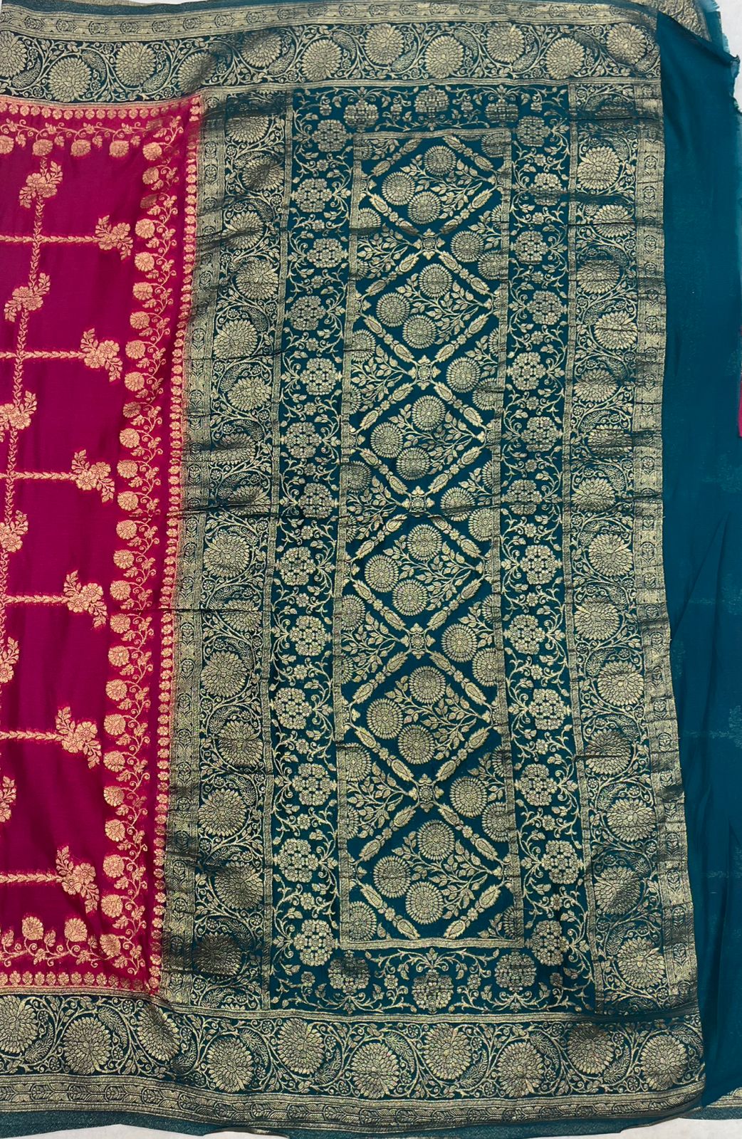 Elegant Rani Pink Tissue Saree with Rich Green Woven Border