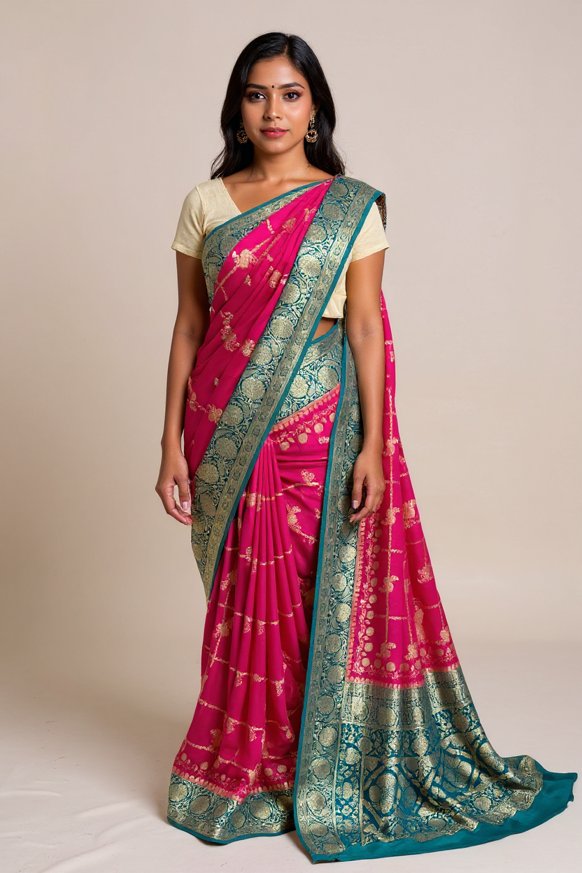 Elegant Rani Pink Tissue Saree with Rich Green Woven Border