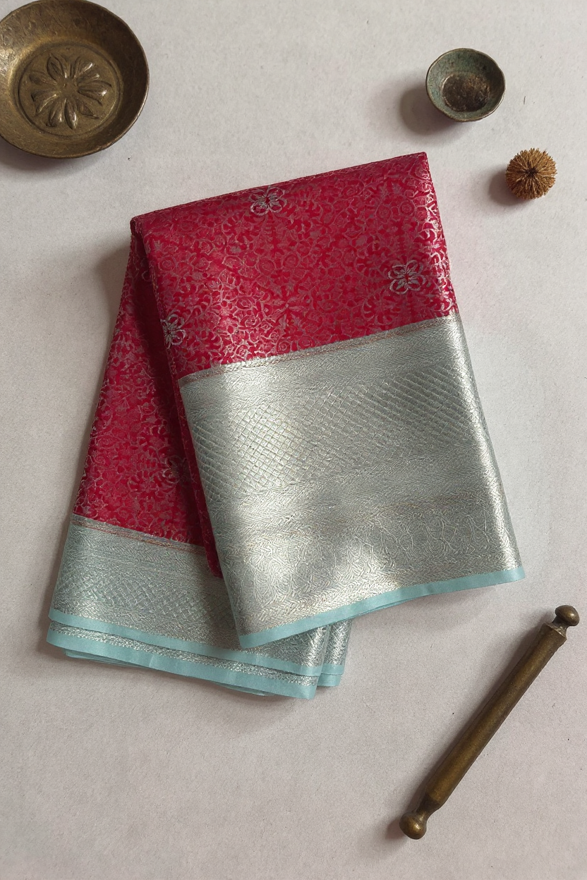Graceful Pink Tissue Saree with Light Sky Blue Border