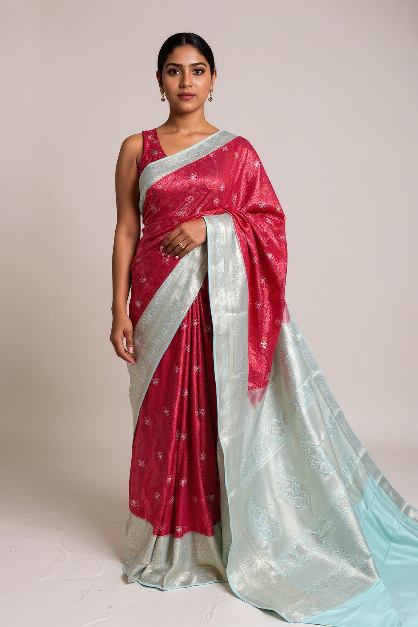Graceful Pink Tissue Saree with Light Sky Blue Border
