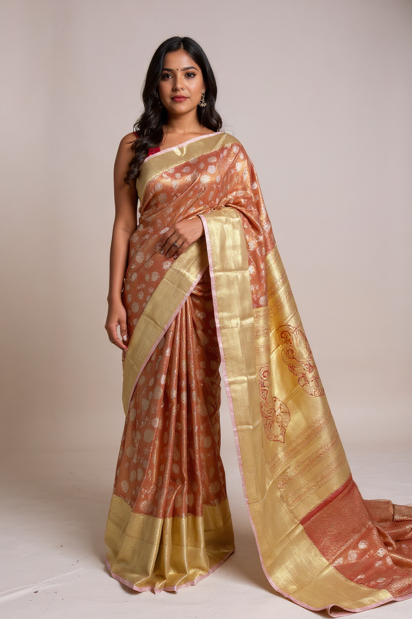 Elegant Orange Tissue Saree with Rich Gold Border