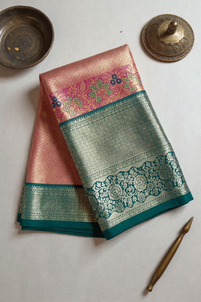 Elegant Pink Tissue Saree with Classic Blue Border