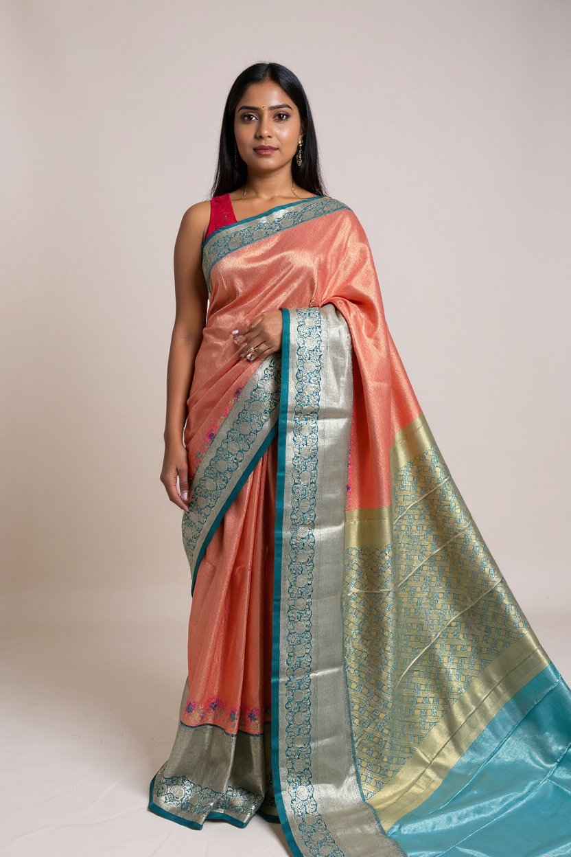 Elegant Pink Tissue Saree with Classic Blue Border