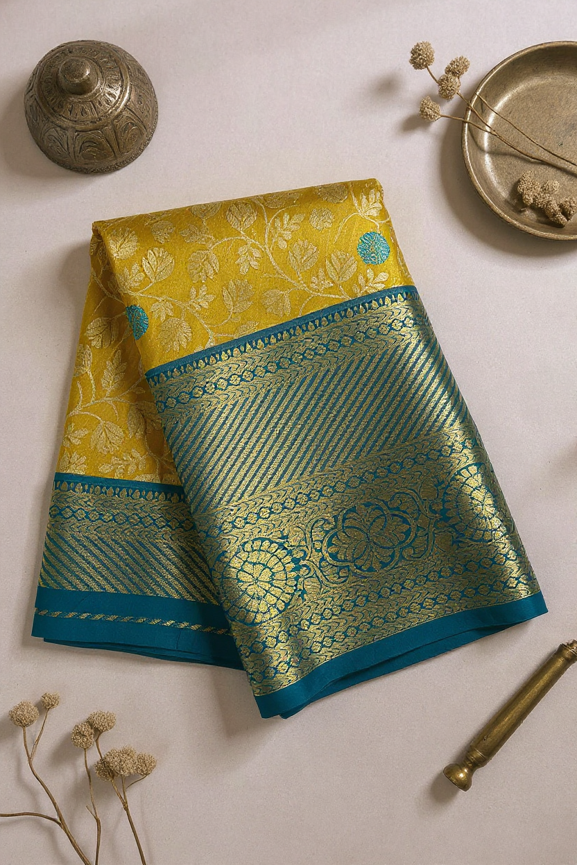 Elegant Lemon Yellow Tissue Saree with Classic Blue Border