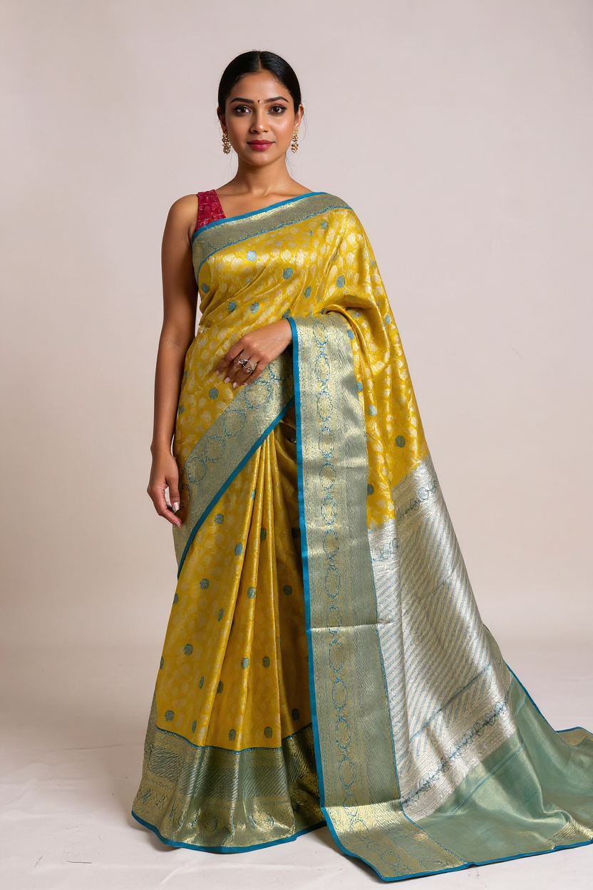 Elegant Lemon Yellow Tissue Saree with Classic Blue Border