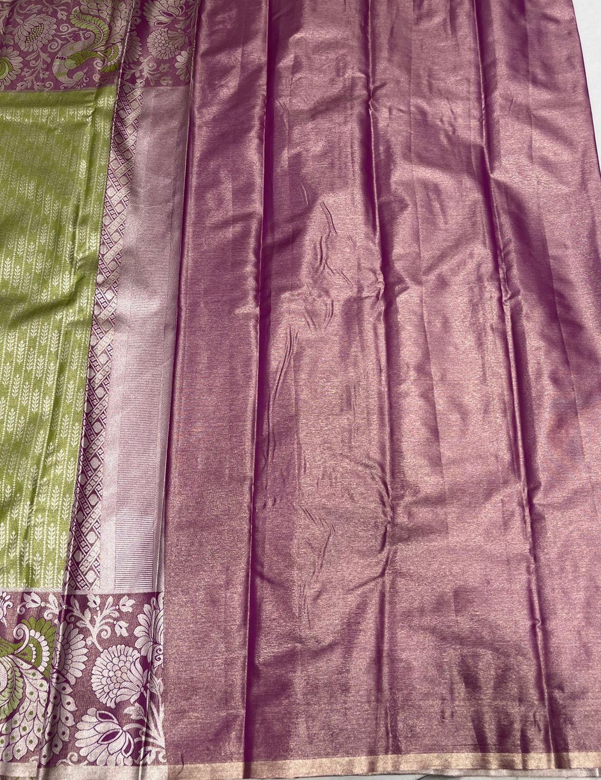 Graceful Pista Green Tissue Saree with Rich Purple Border