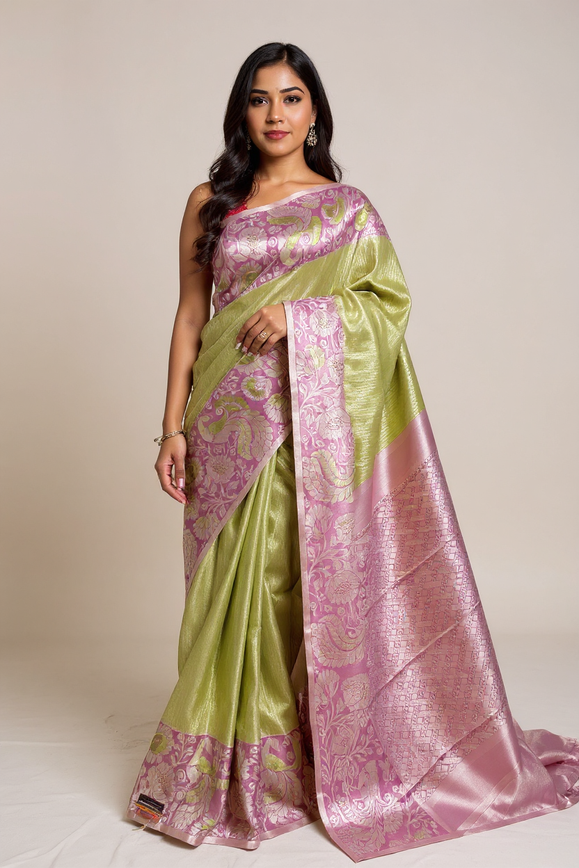 Graceful Pista Green Tissue Saree with Rich Purple Border