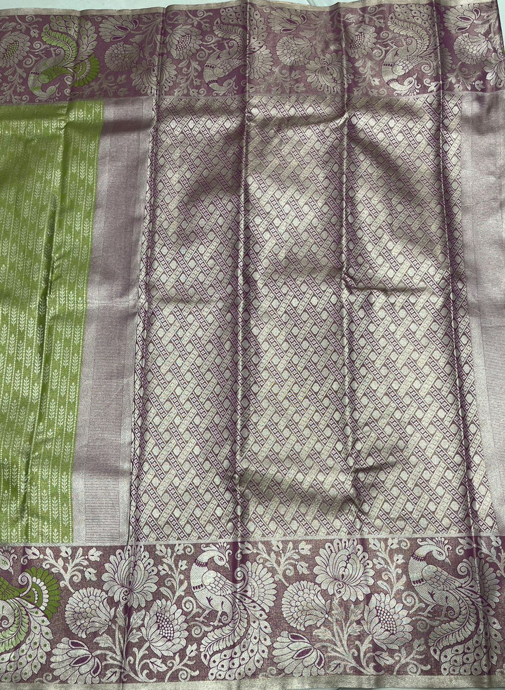 Graceful Pista Green Tissue Saree with Rich Purple Border