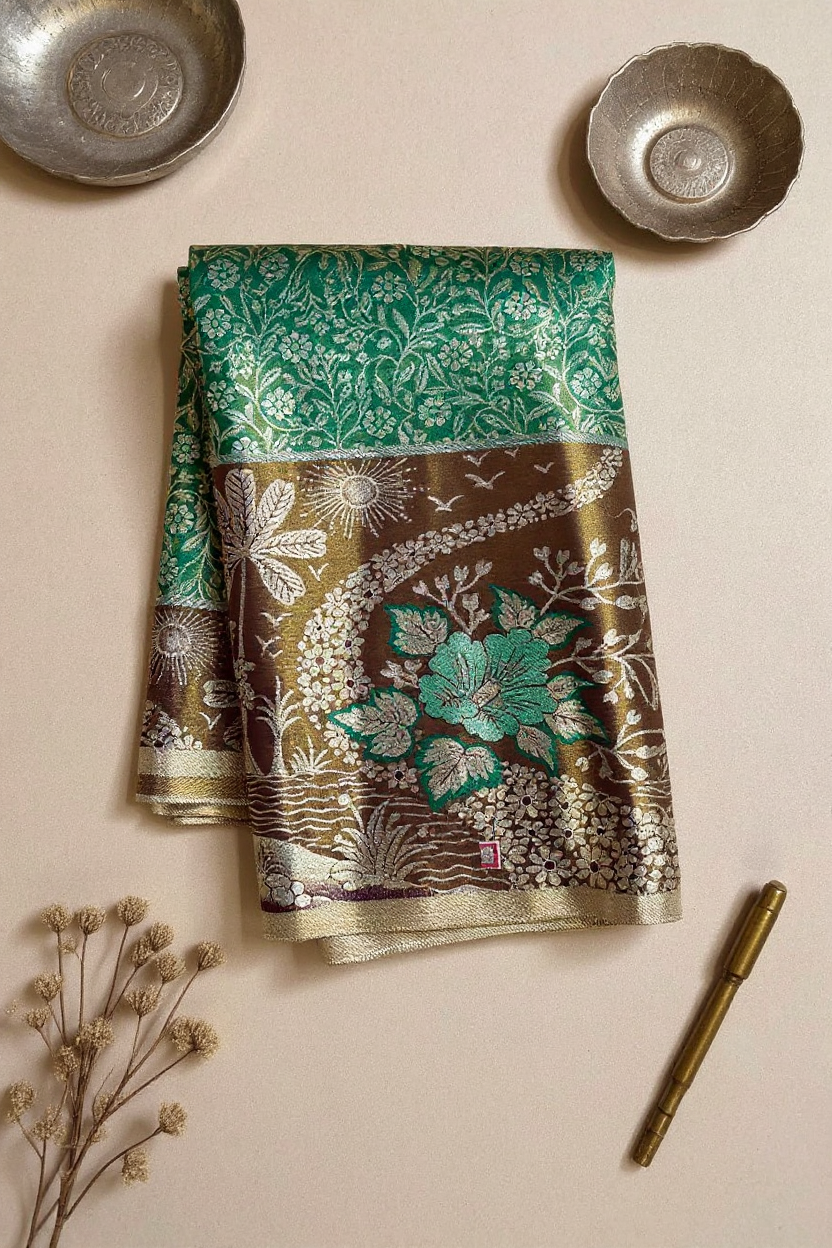 Elegant Green Tissue Saree with Rich Purple Border