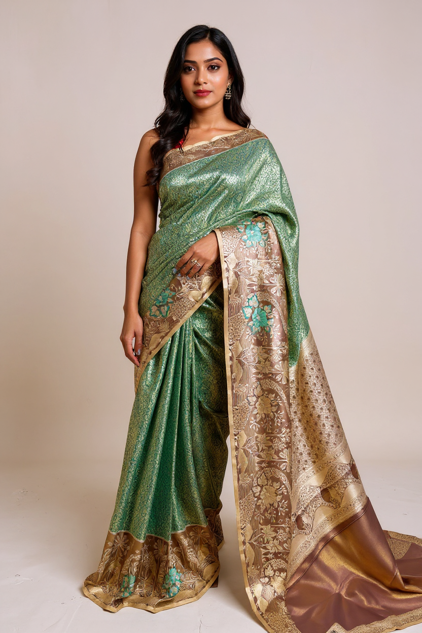 Elegant Green Tissue Saree with Rich Purple Border