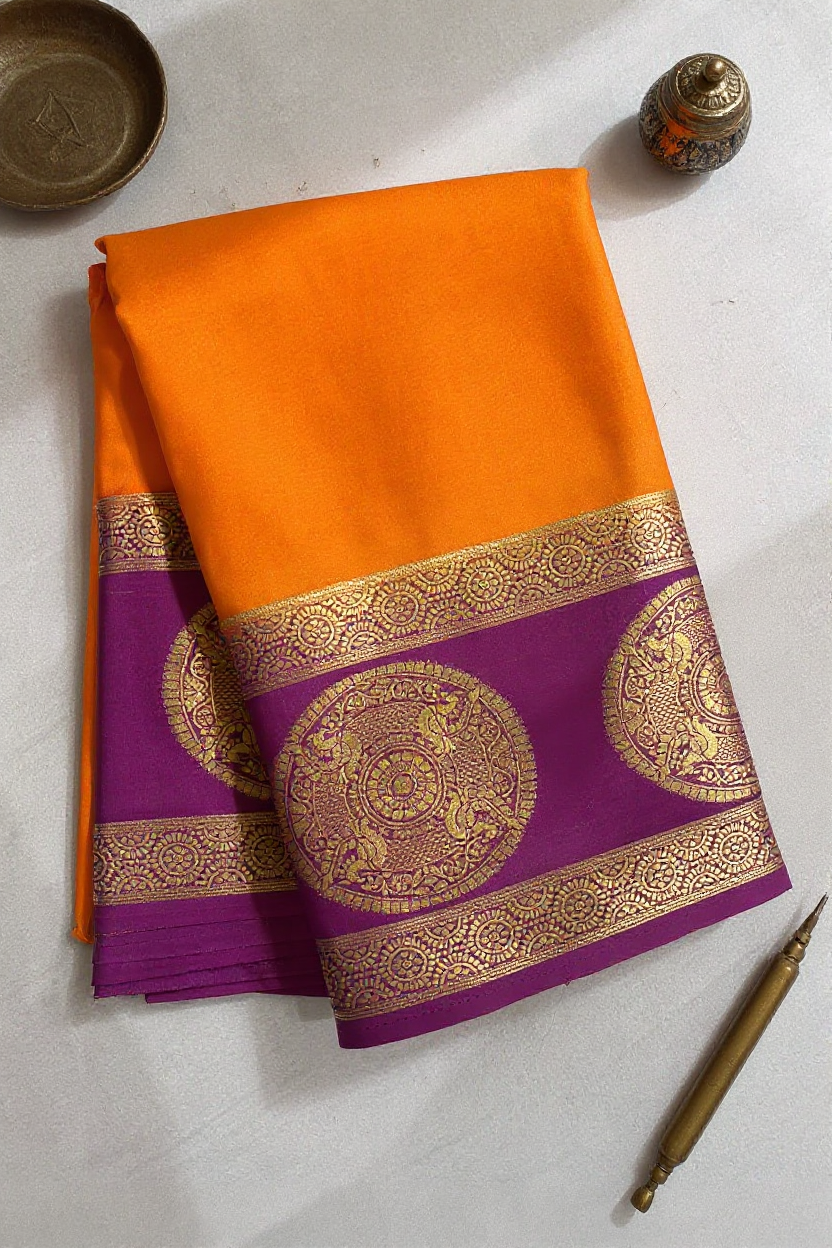 Elegant Orange Crape Saree with Purple Border by Silk Studio