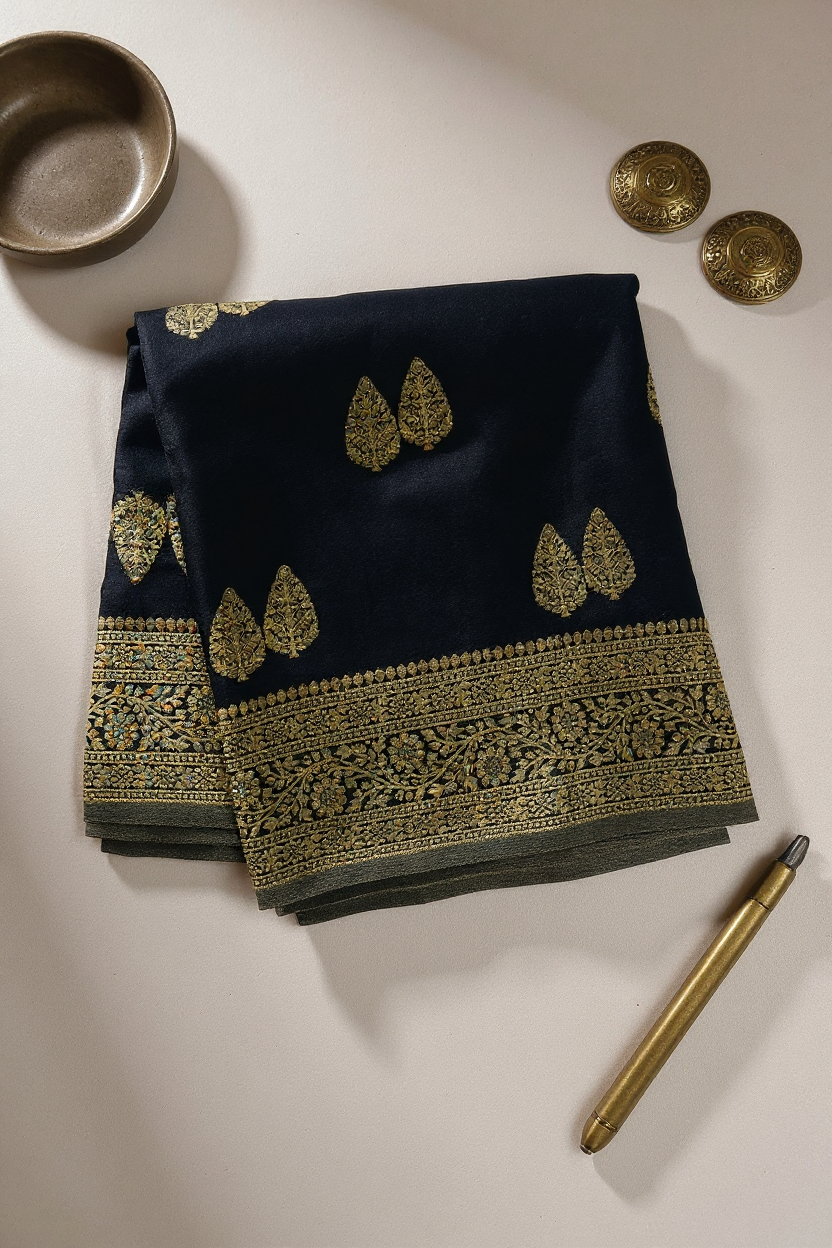 Black Crape Saree with Golden Work