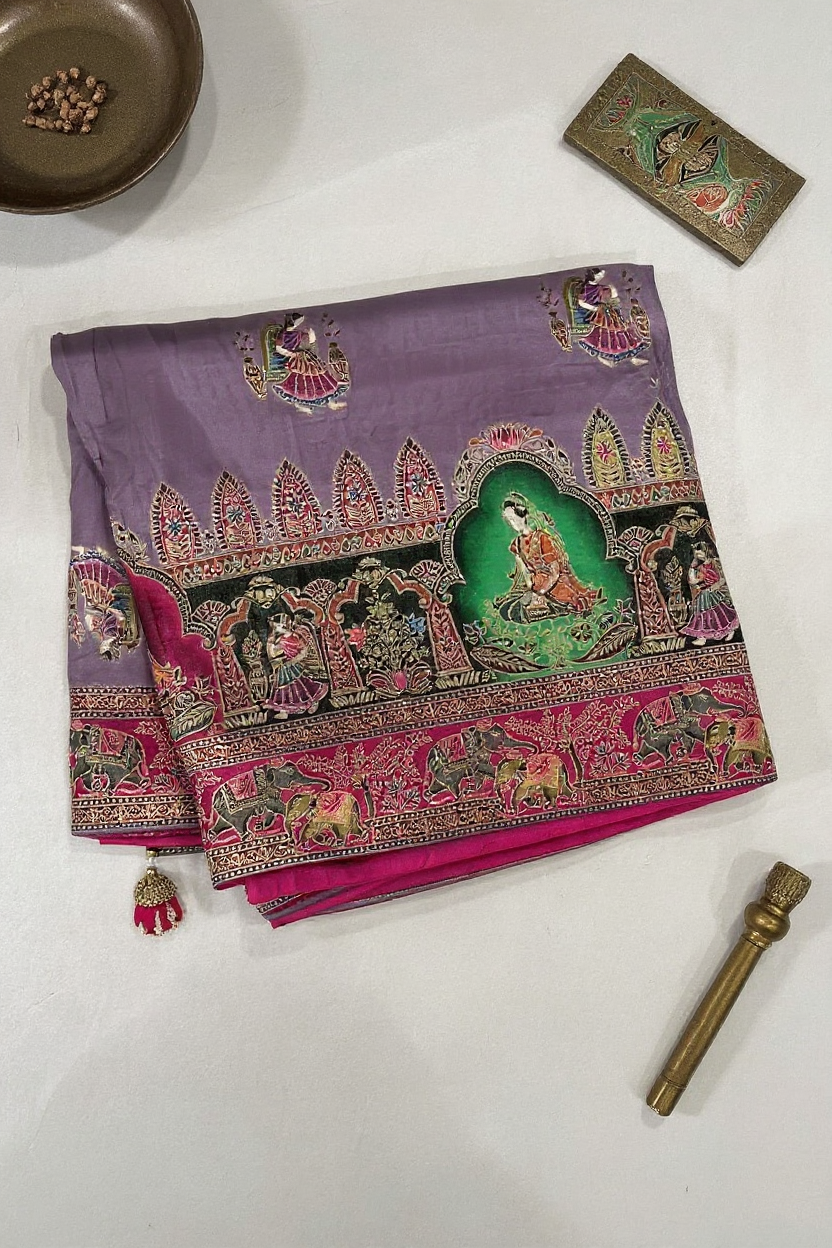 Fancy Dark Lavender Saree with Intricate Artistic Prints